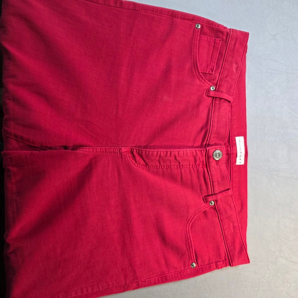LOFT Red/Pink Skinny Jeans Raw Fringe Hem High Rise Size 14 (32) Slim Denim - Picture 10 of 11
